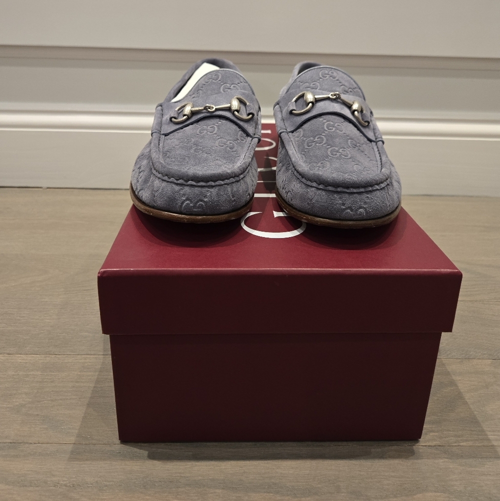 $1090 GUCCI Horsebit 1953 GG Embossed Gray Suede Loafer Shoes UK 10 US 11 EU 44 - Picture 7 of 9